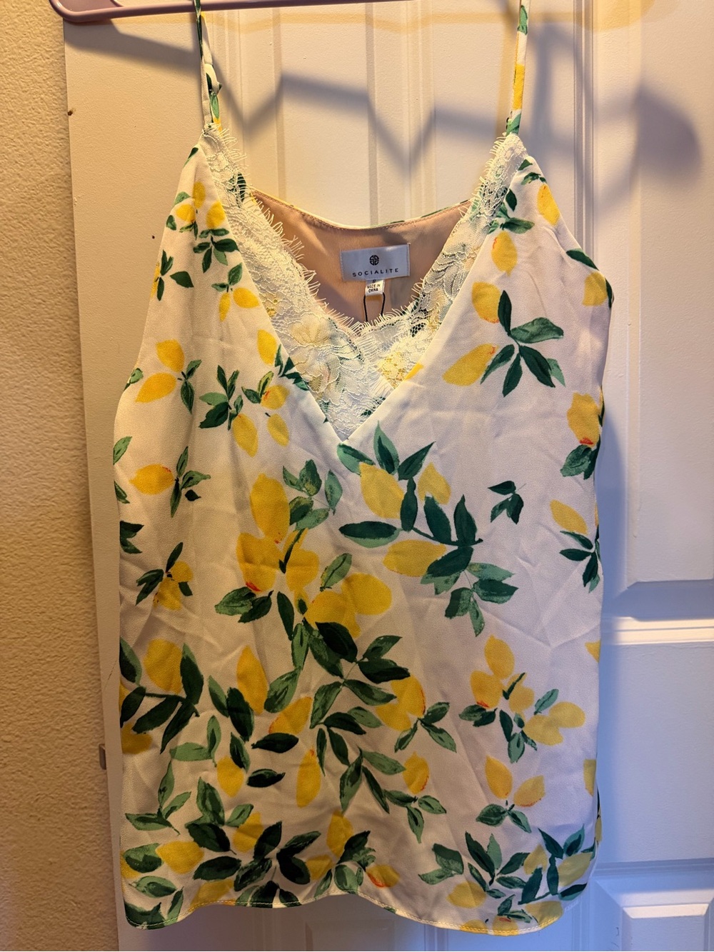 Socialite White Lemon Print Lace-Trim Cami